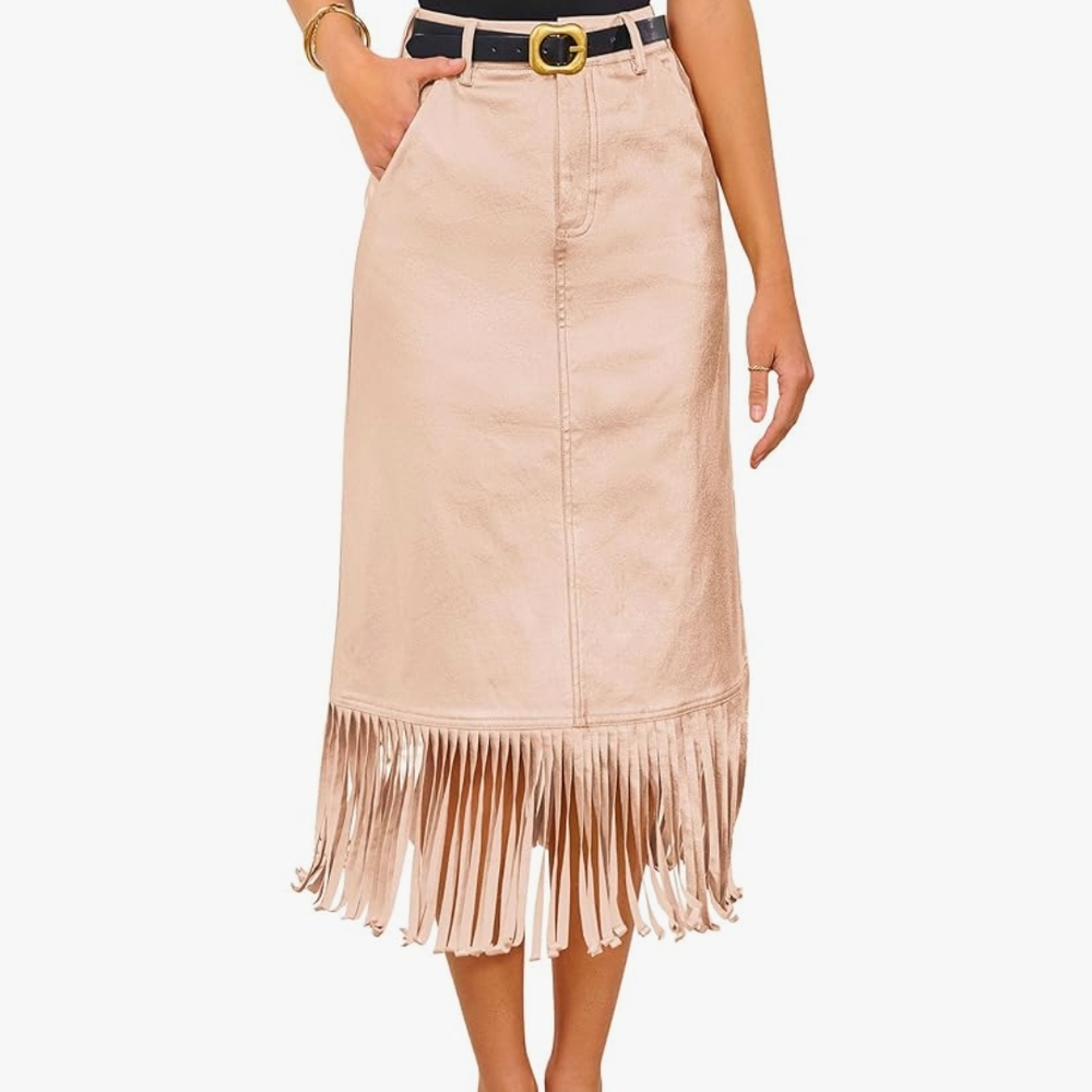 BNWT Chic Metallic Copper Fringe Hem Midi Skirt